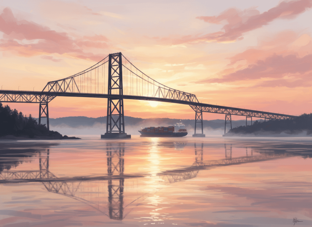 The Astoria-Megler Bridge stretching across the Columbia River at golden sunset