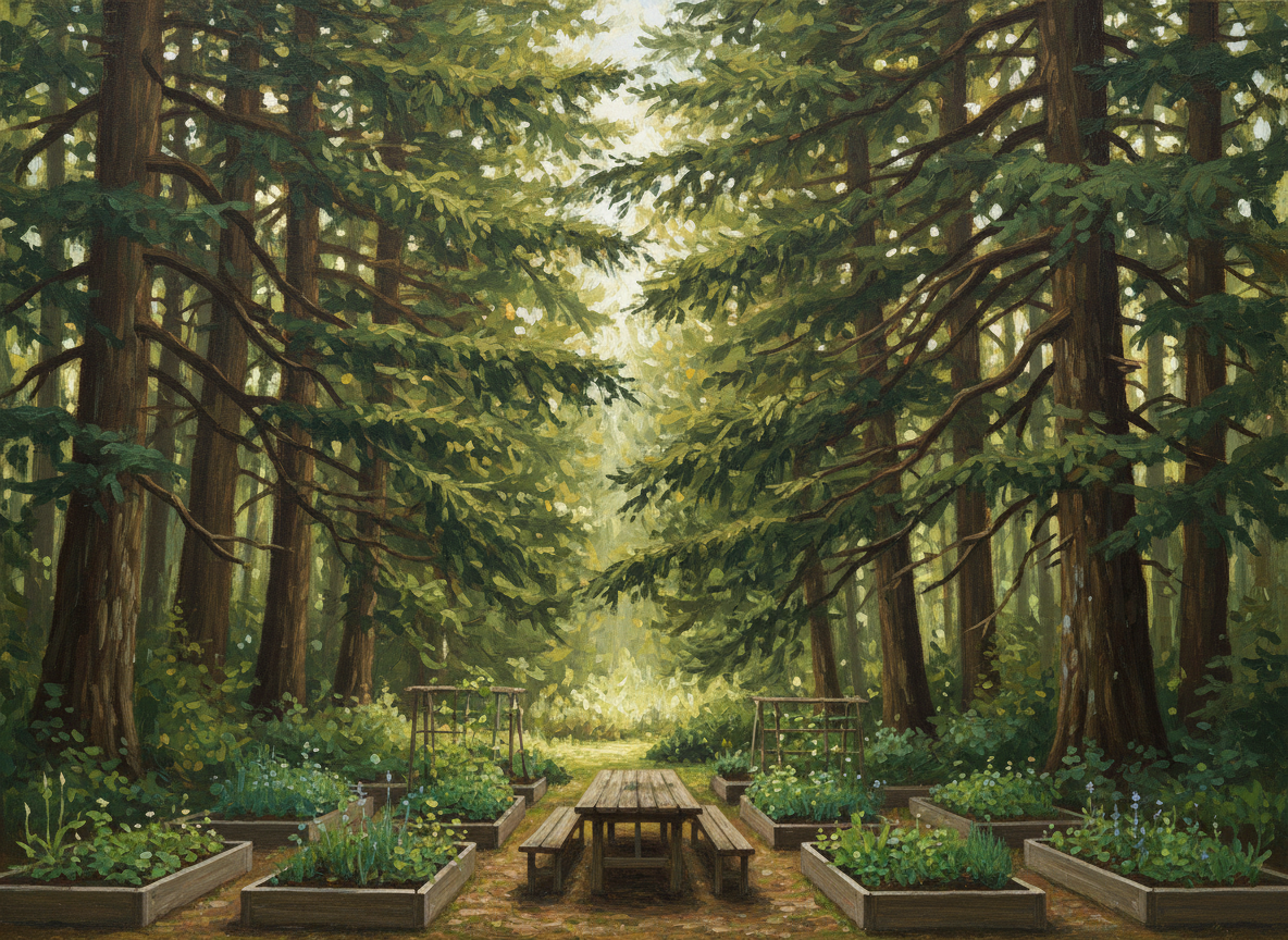 Overlapping evergreen forest canopy above a small community garden with a long shared wooden table