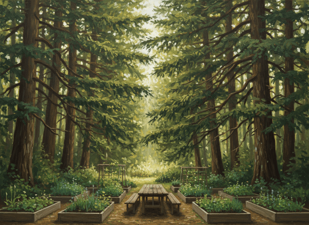 Overlapping evergreen forest canopy above a small community garden with a long shared wooden table