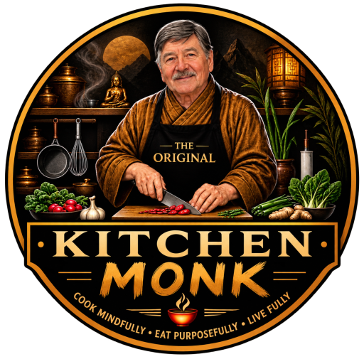 Kitchen Monk logo featuring a culinary monk preparing fresh vegetables