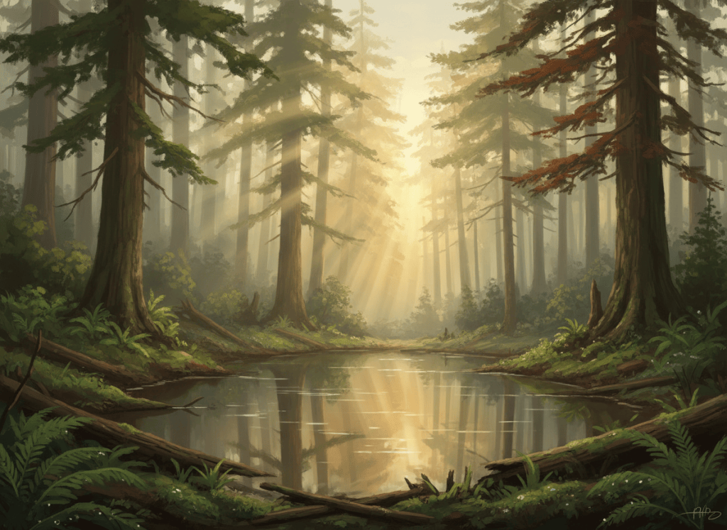 Sunlight streaming softly through tall evergreen trees into a quiet misty forest clearing