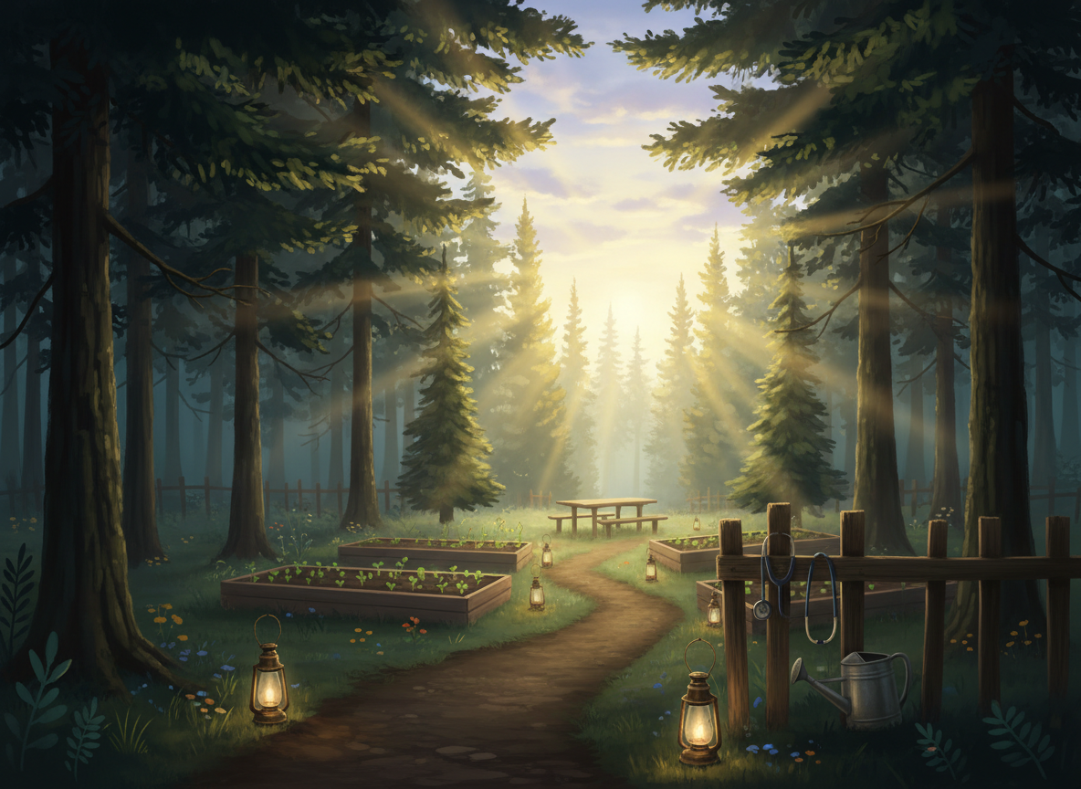 A lantern-lined trail leads out of a misty evergreen forest at dawn toward a sunlit community garden, where a stethoscope hangs on a fence post beside a watering can.