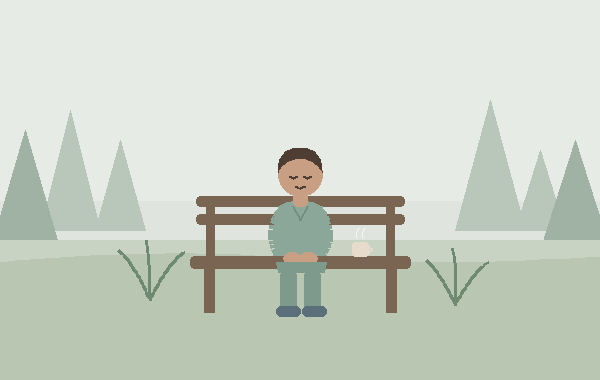 A nurse in sage-colored scrubs sits on a wooden garden bench with eyes closed and hands resting in their lap. Misty evergreen trees stand in the background, ferns grow beside the bench, and a warm mug sits on the seat. There is no clipboard, phone, laptop, or task list anywhere.