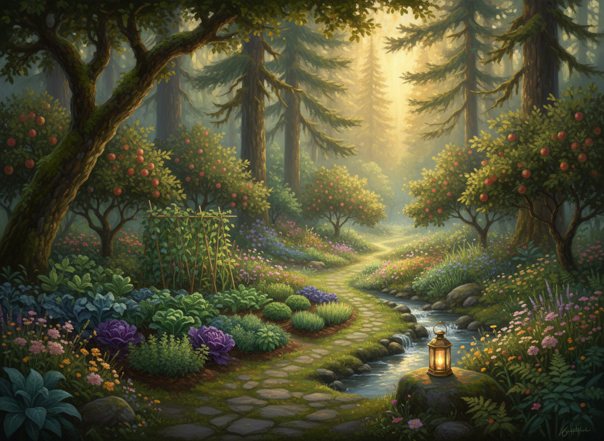A lush evergreen kitchen garden at golden hour, with flowers, vegetable beds, fruit trees, and a small glowing lamp on a winding stone path