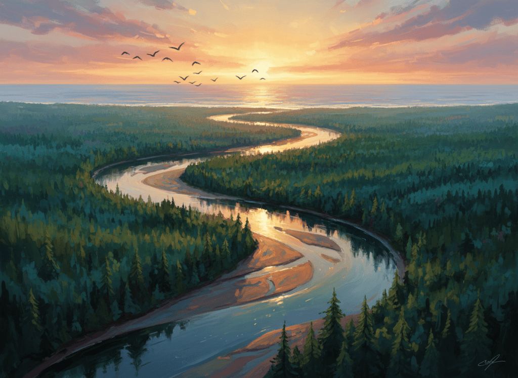 River flowing through evergreen forest toward the Pacific coast with migrating birds above