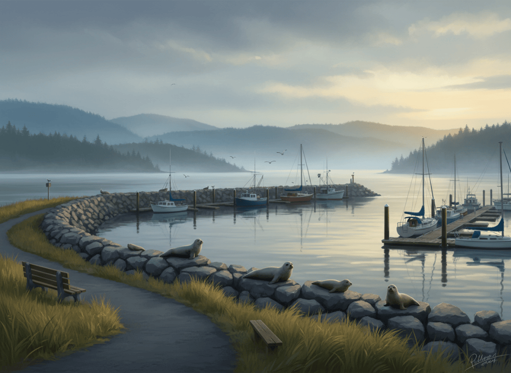 A misty morning at a Columbia River marina basin with boats, a rock breakwater, and a shoreline walking path