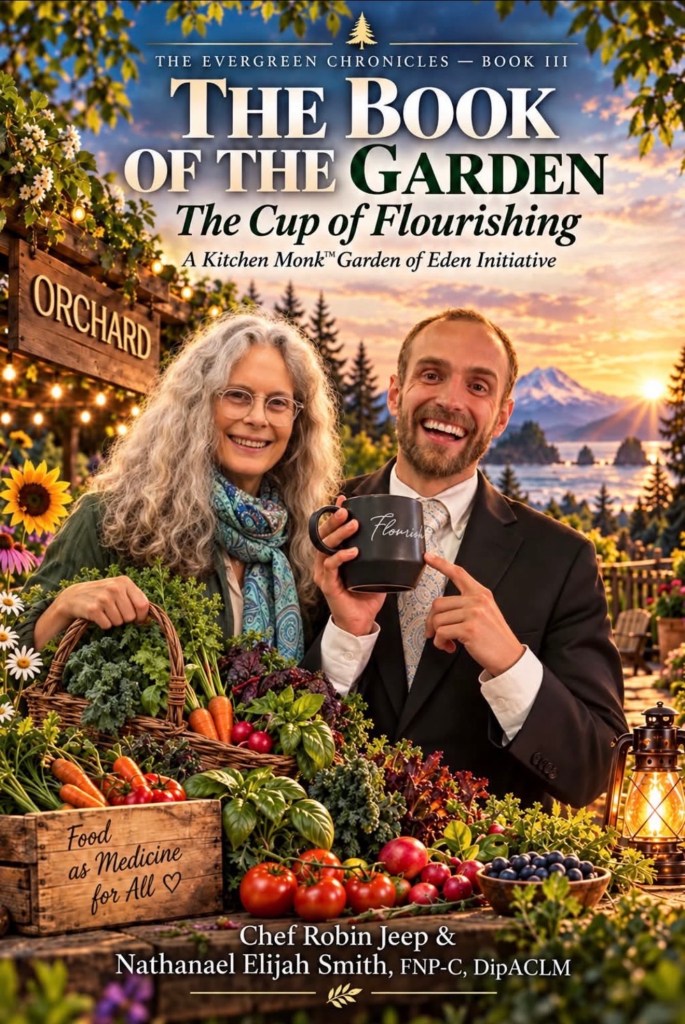 Book cover: The EVERgreen Chronicles, Book III, The Book of the Garden: The Cup of Flourishing, A Kitchen Monk Garden of Eden Initiative. Chef Robin Jeep holds a basket of fresh vegetables beside Nathanael Elijah Smith, who holds a mug reading Flourish, in a sunlit Pacific Northwest garden with a crate labeled Food as Medicine for All.