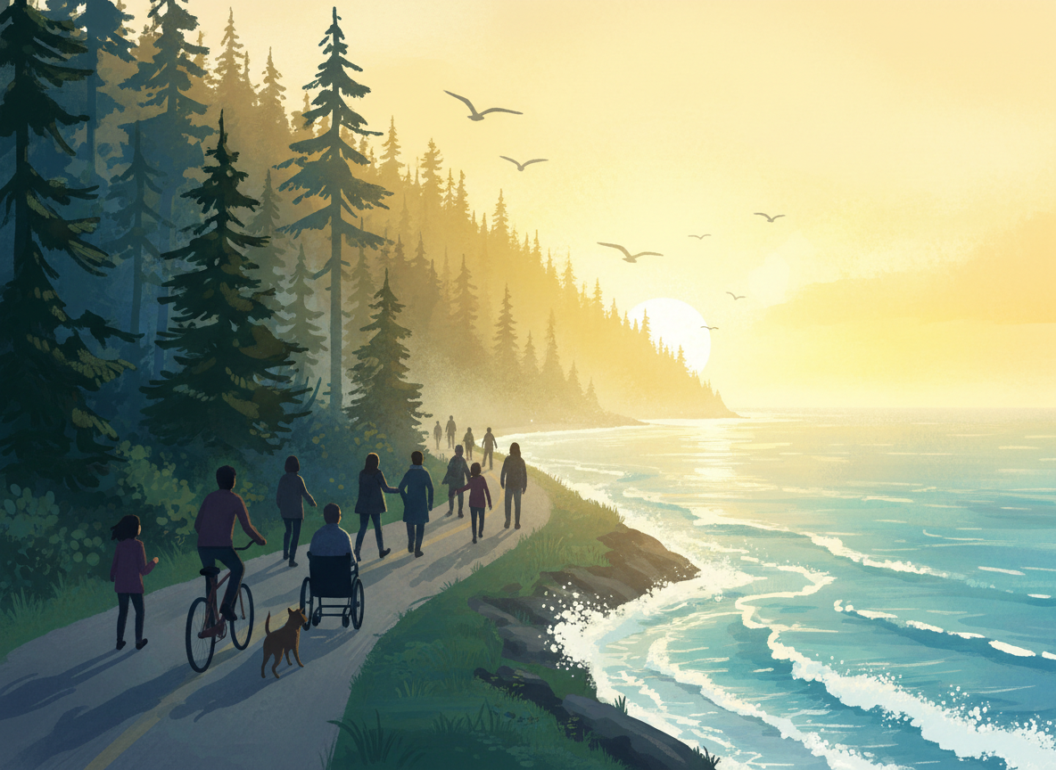 At sunrise on an Oregon Coast waterfront trail, distant silhouettes of people walk, bike, roll in a wheelchair, and push a stroller together while a dog trots alongside.