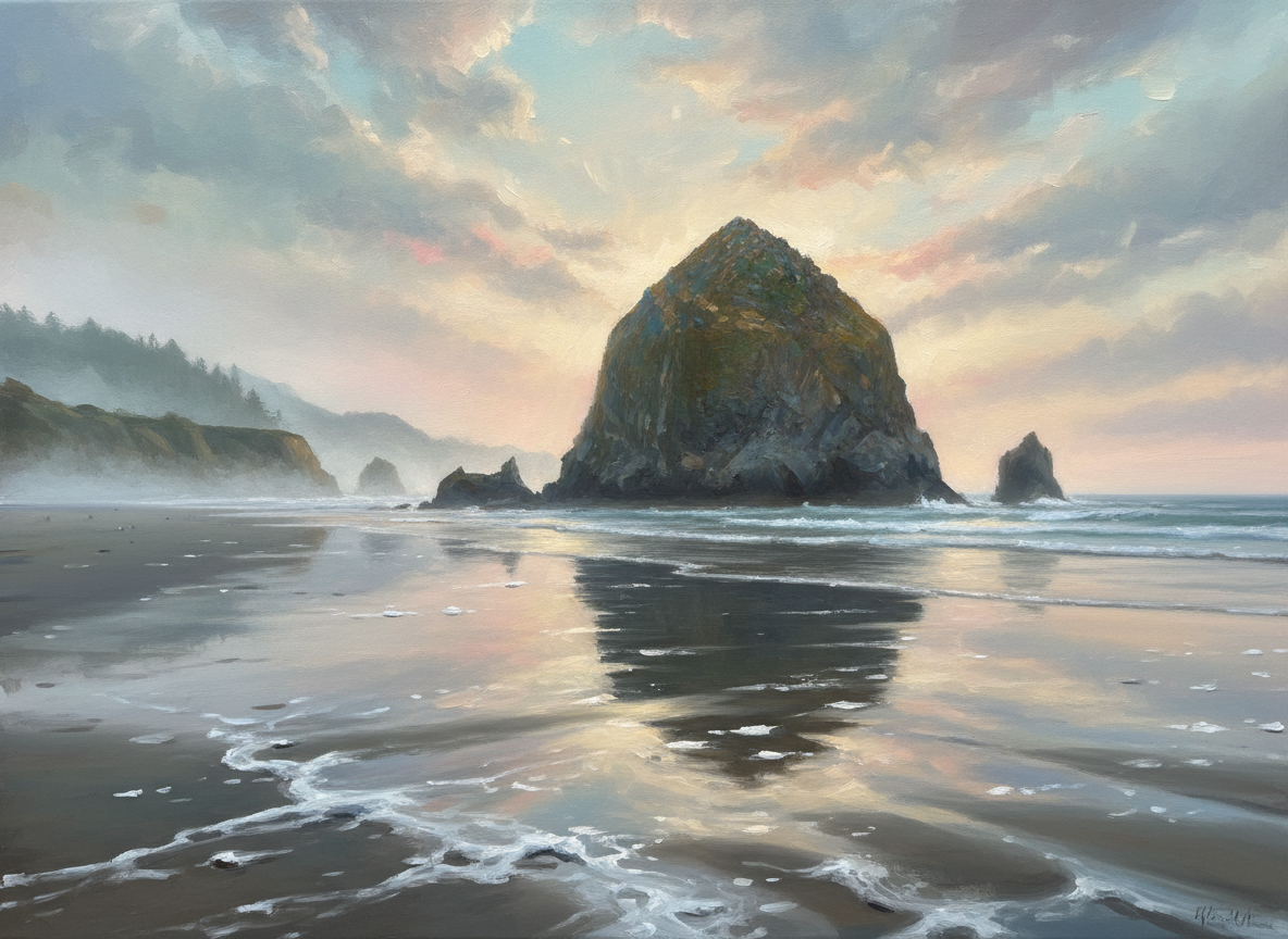 Haystack Rock at Cannon Beach, Oregon, at misty dawn with tide pools reflecting soft gold light