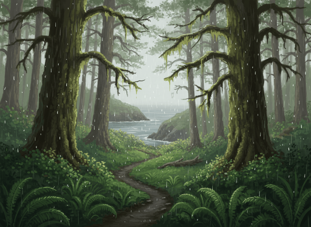 A misty Oregon Coast rainforest trail through moss-covered Sitka spruce and sword ferns in gentle rain