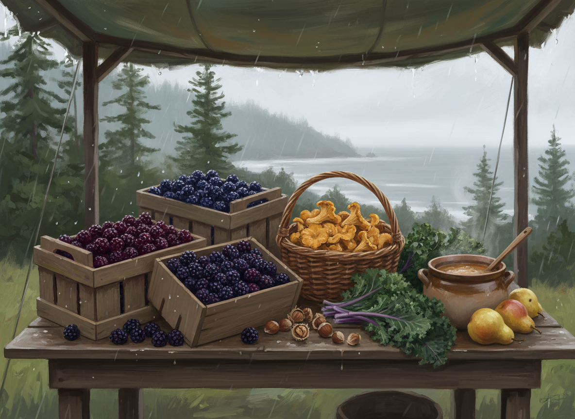 A rainy Oregon Coast market table with marionberries, chanterelle mushrooms, hazelnuts, pears, kale, and a pot of soup