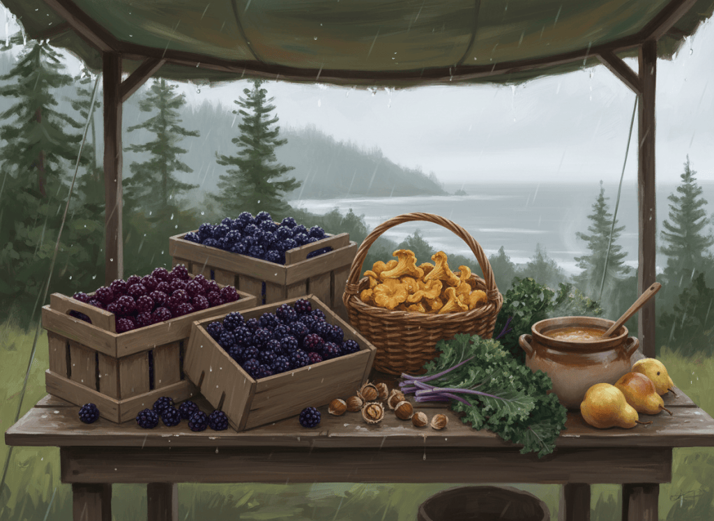 A rainy Oregon Coast market table with marionberries, chanterelle mushrooms, hazelnuts, pears, kale, and a pot of soup