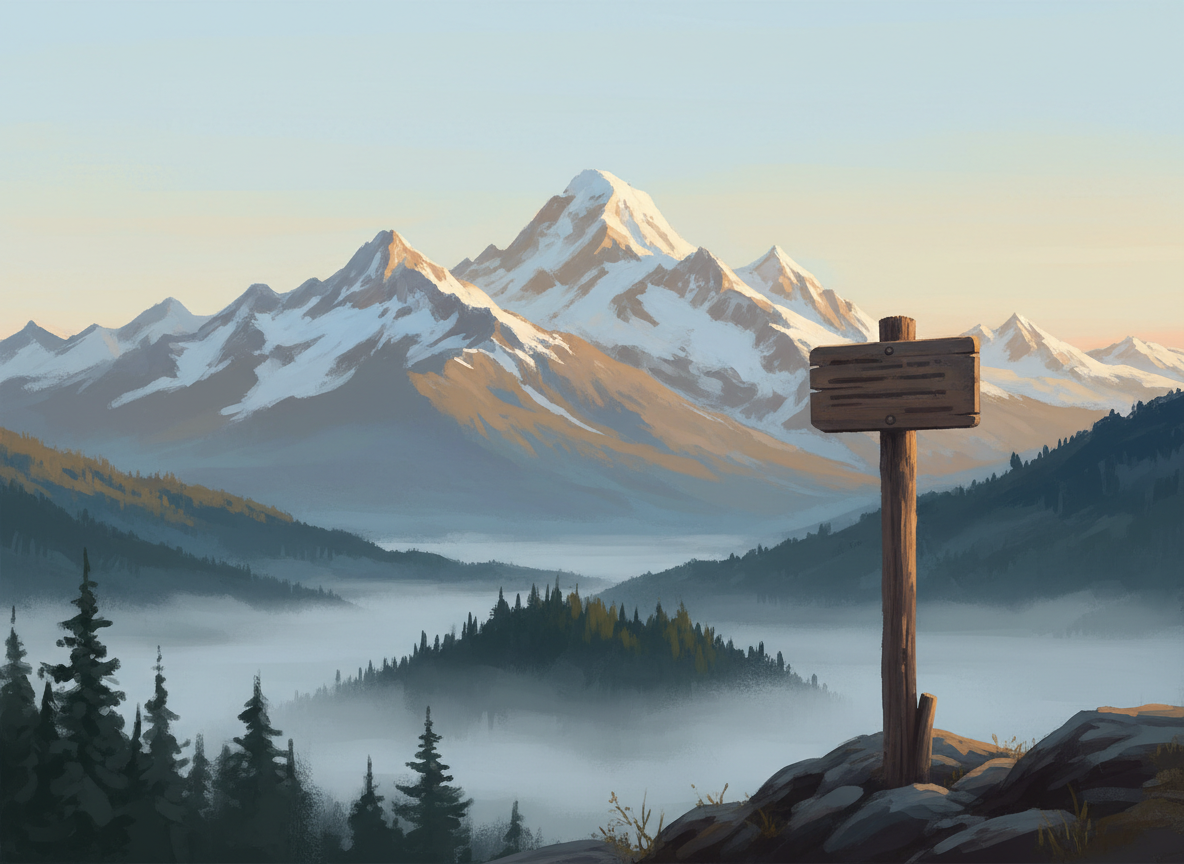 A wooden trail marker at an evergreen valley overlook with mountains at sunrise