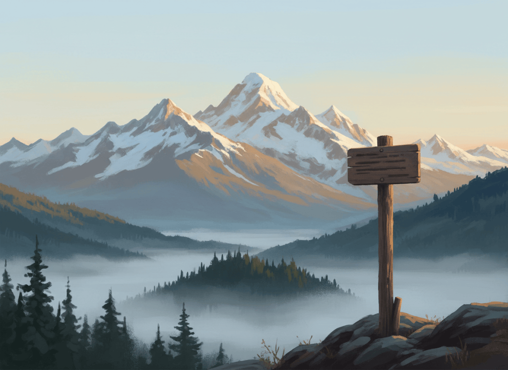Mountain horizon above an evergreen valley at sunrise with a wooden trail marker