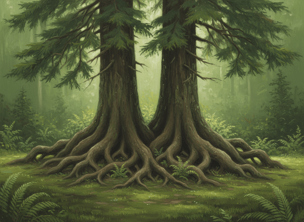 Intertwined tree roots of two evergreen trees across a mossy forest floor