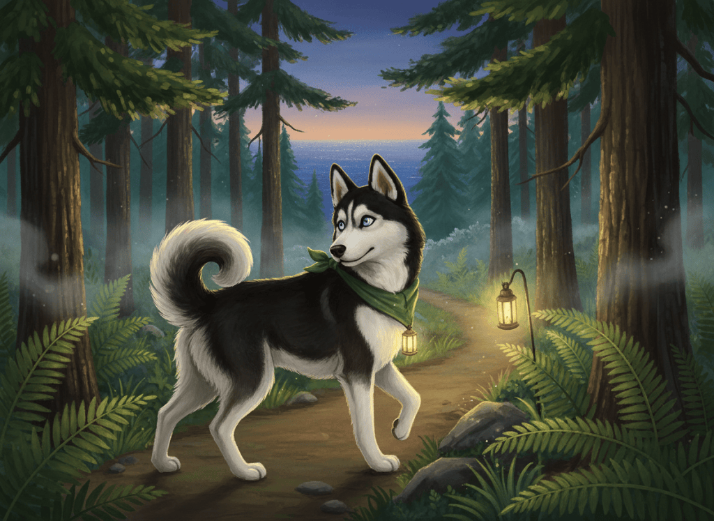 Shebah, a black-and-white Siberian Husky with blue eyes, a curled bun tail, and a green bandana with a gold lantern charm, looks back warmly on a misty evergreen trail at dusk, with lantern light glowing ahead.