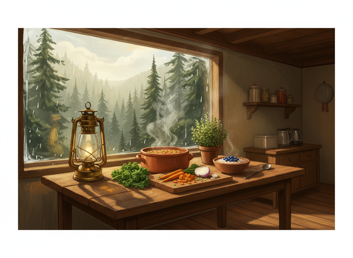 A cozy Pacific Northwest kitchen at morning with a steaming pot of lentil soup, chopped vegetables, oats with blueberries, and a lit lantern by a misty window of evergreens.
