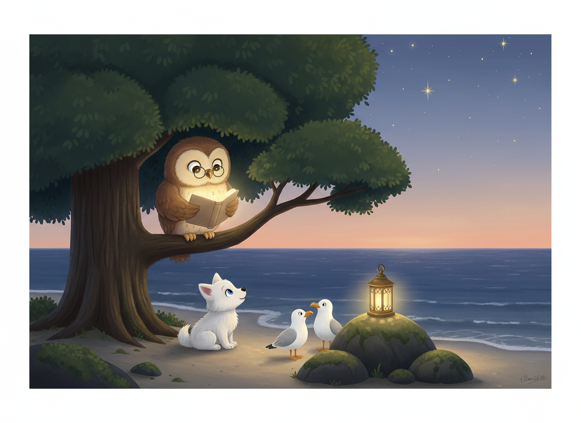 A kind owl in tiny spectacles reads a glowing storybook from a low evergreen branch to a wide-eyed white wolf pup and two seagulls on the Oregon Coast at evening.