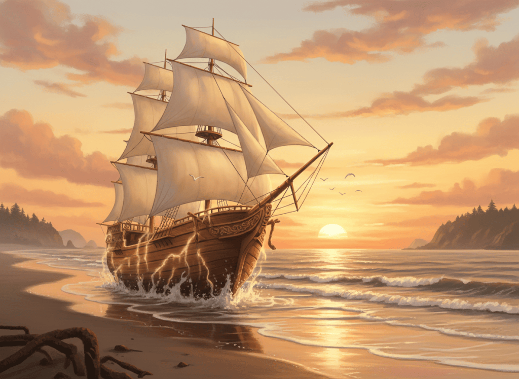 At sunset on the Oregon Coast, the iron ribs of an old shipwreck glow gold and transform into a tall sailing ship, the KENSPEED, with billowing sails and seagulls flying alongside.