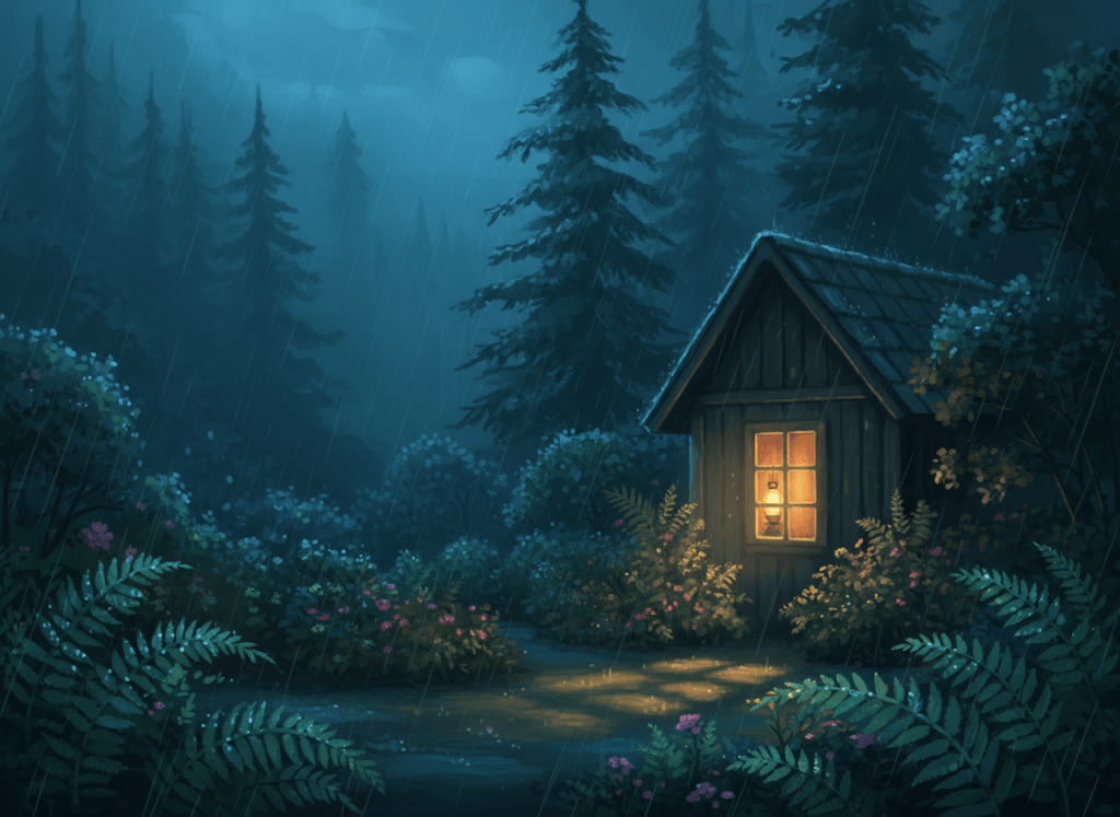 Moonlight and gentle rain over a quiet evergreen forest with one warmly lit cabin window
