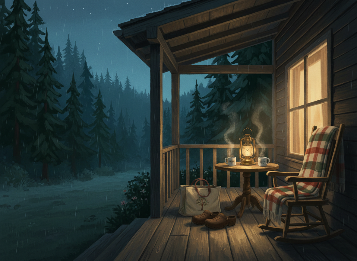 A lantern glows on a Pacific Northwest porch at twilight beside two mugs, a blanket on a rocking chair, and a worn pair of nursing clogs by the door.