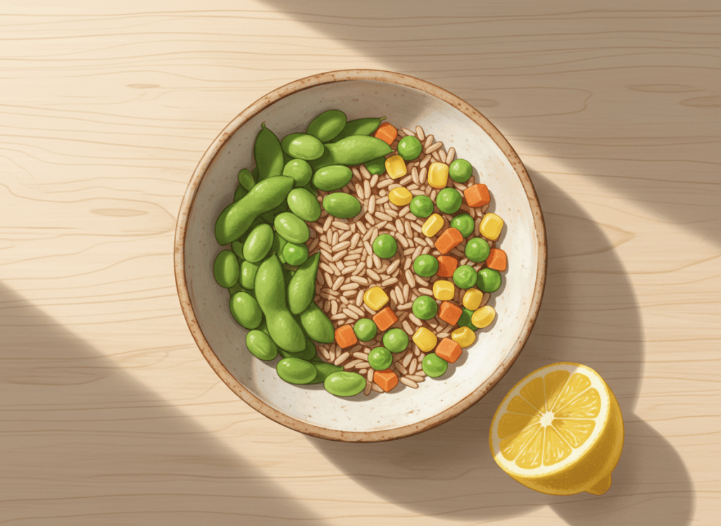Illustration of a colorful bowl of green edamame, brown rice, and mixed vegetables with a lemon wedge