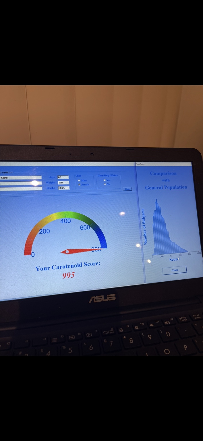 Laptop screen displaying a carotenoid score of 995.